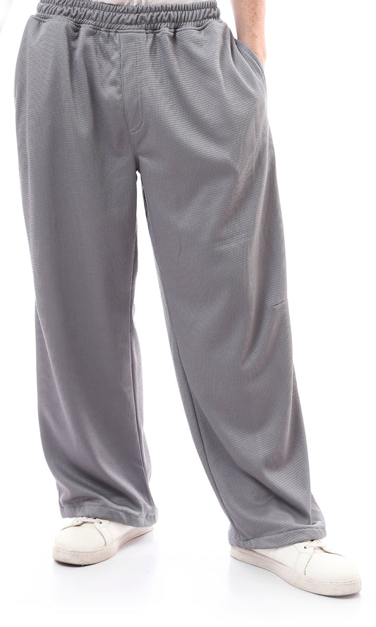 O175751 Bird'S Eye Grey Cotton Pants With Elastic Waist