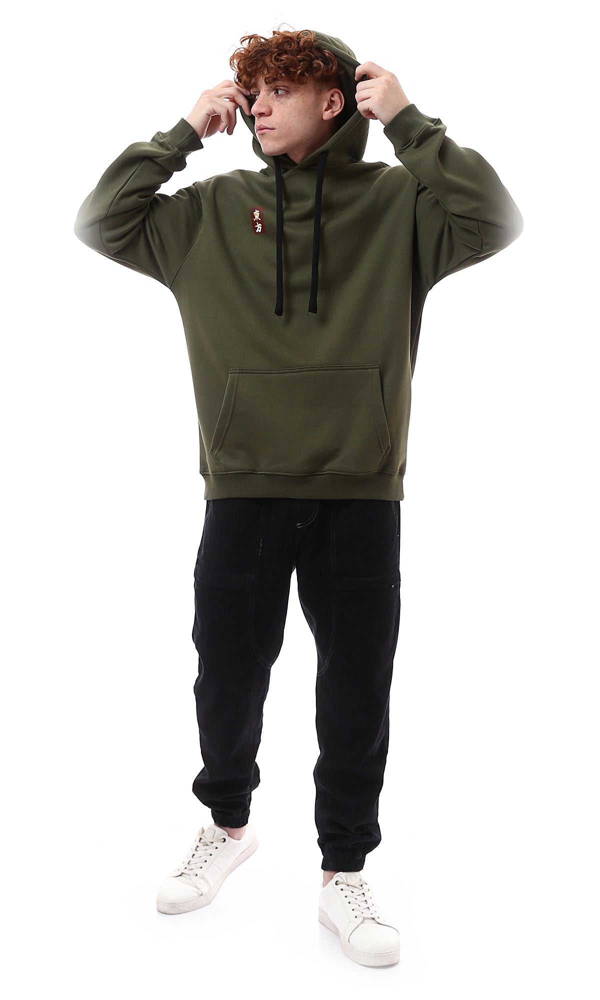 O175771 Dark Olive Cotton Hoodie With Front & Back Print