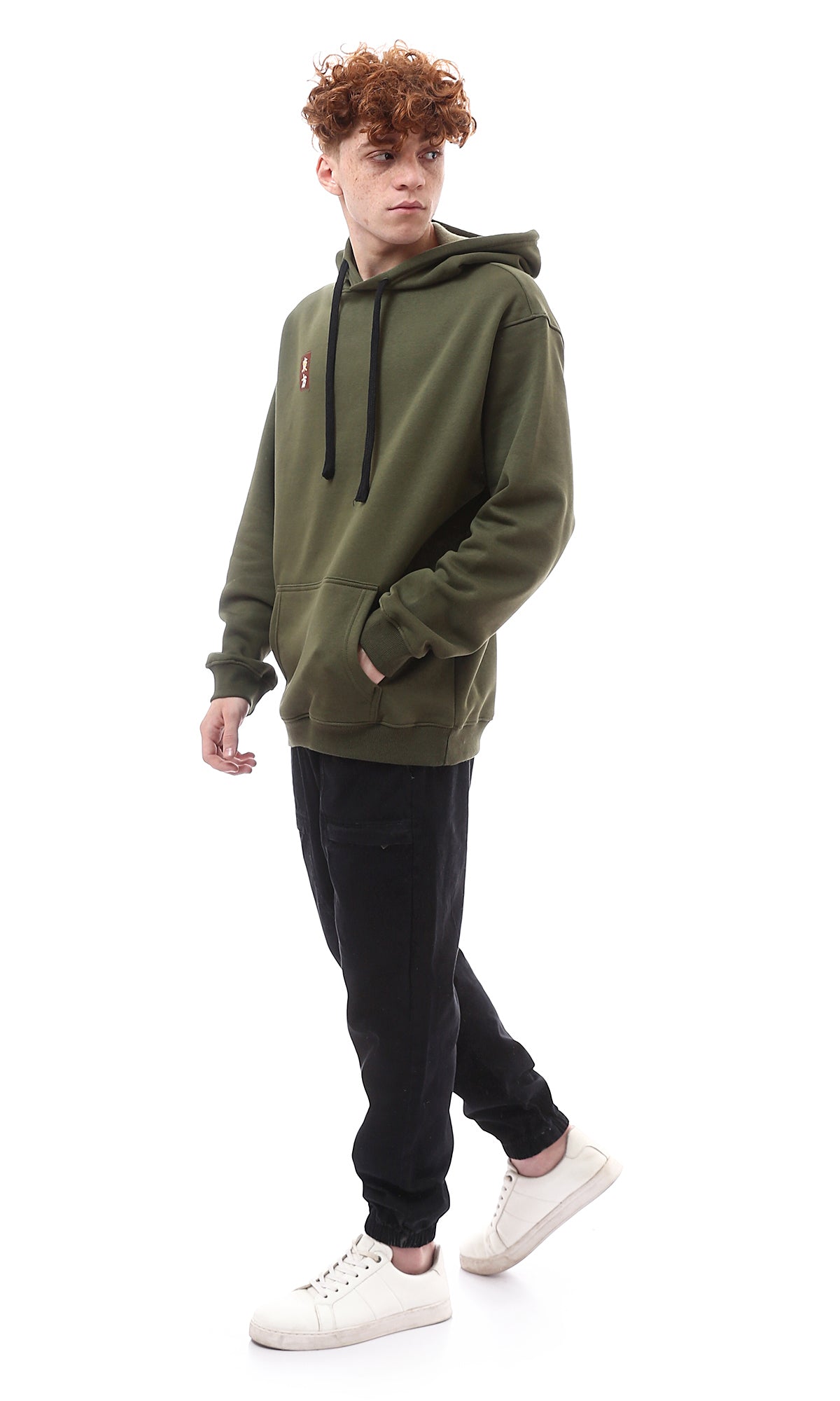 O175771 Dark Olive Cotton Hoodie With Front & Back Print