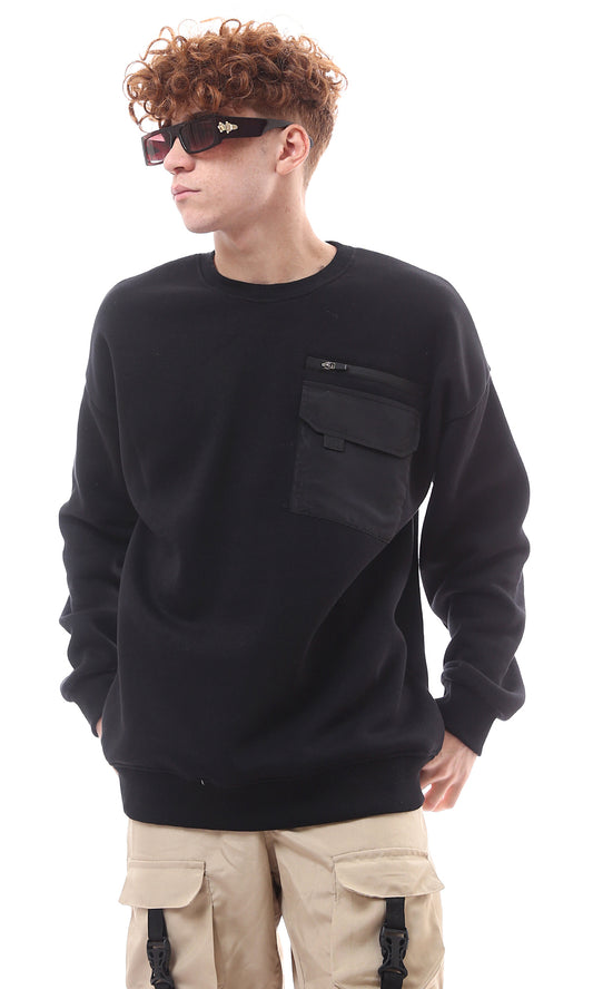 O175779 Decorative Zipper With Patched Pocket Black Sweatshirt