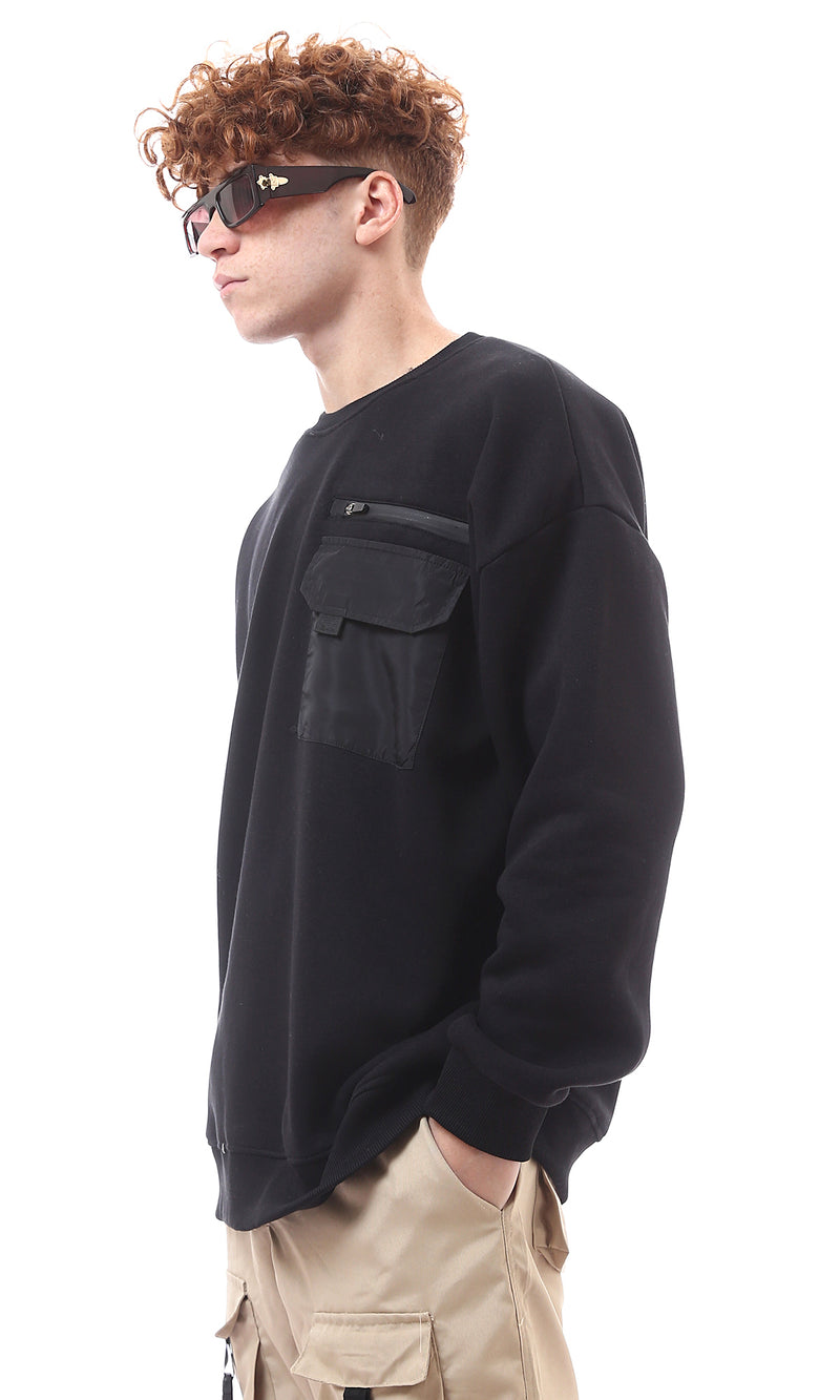 O175779 Decorative Zipper With Patched Pocket Black Sweatshirt