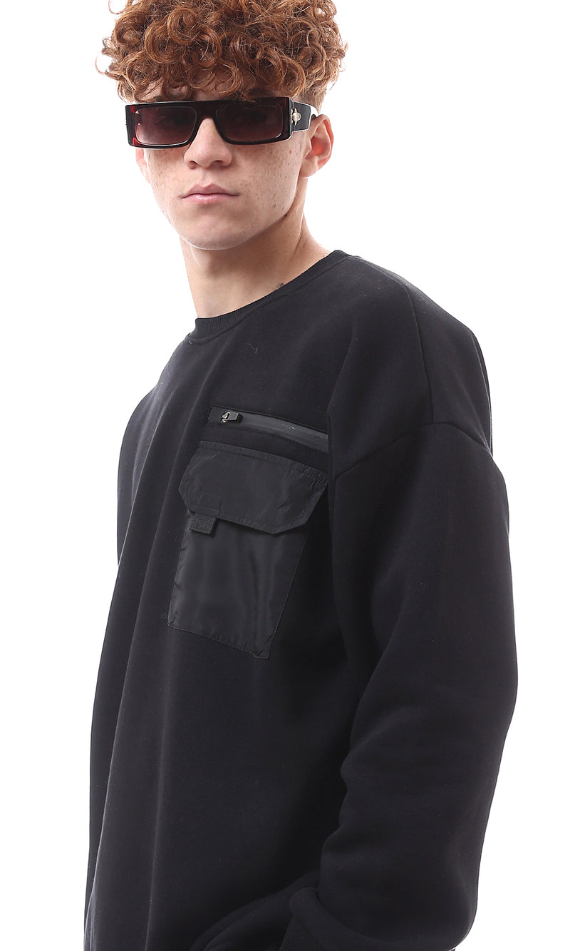 O175779 Decorative Zipper With Patched Pocket Black Sweatshirt