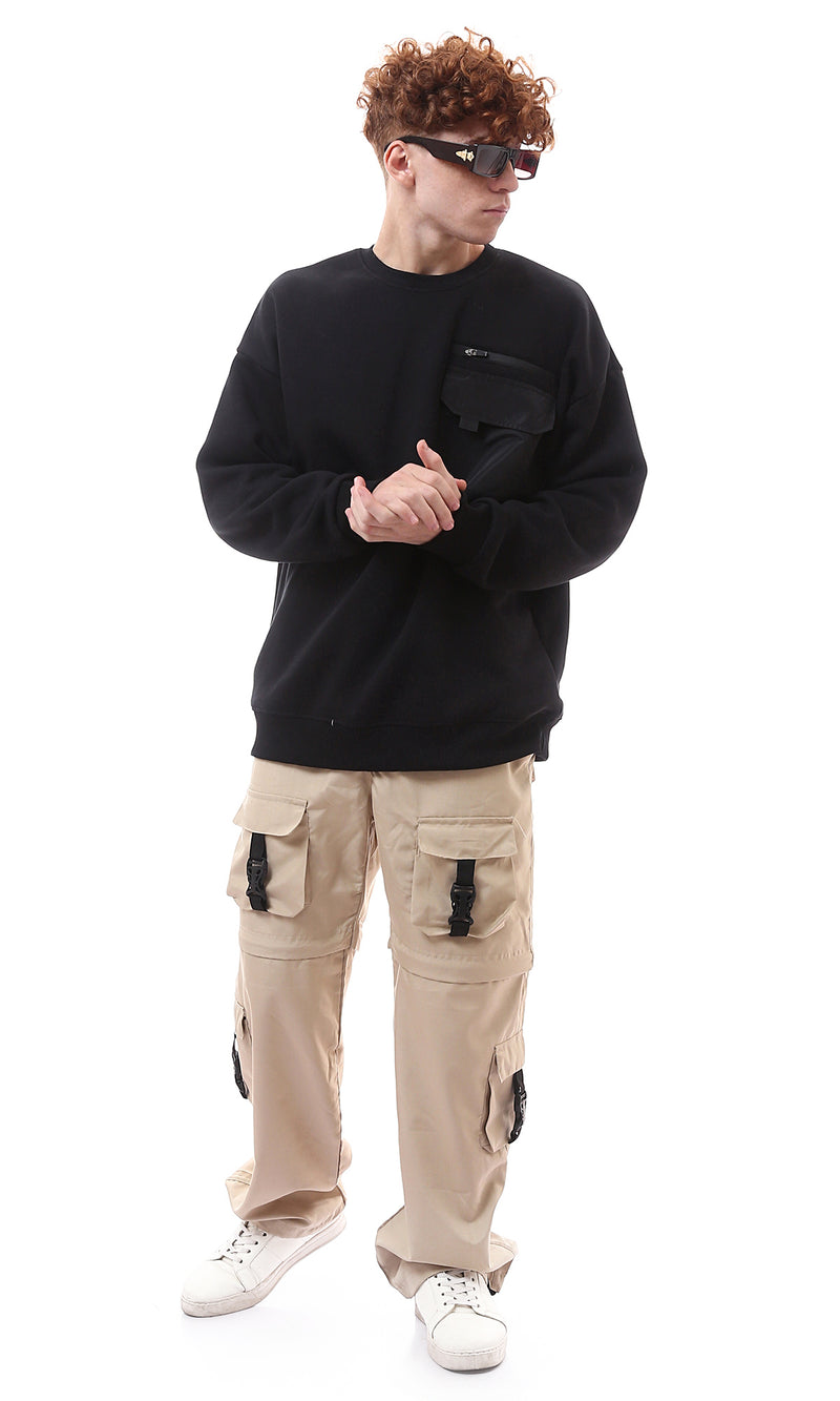 O175779 Decorative Zipper With Patched Pocket Black Sweatshirt