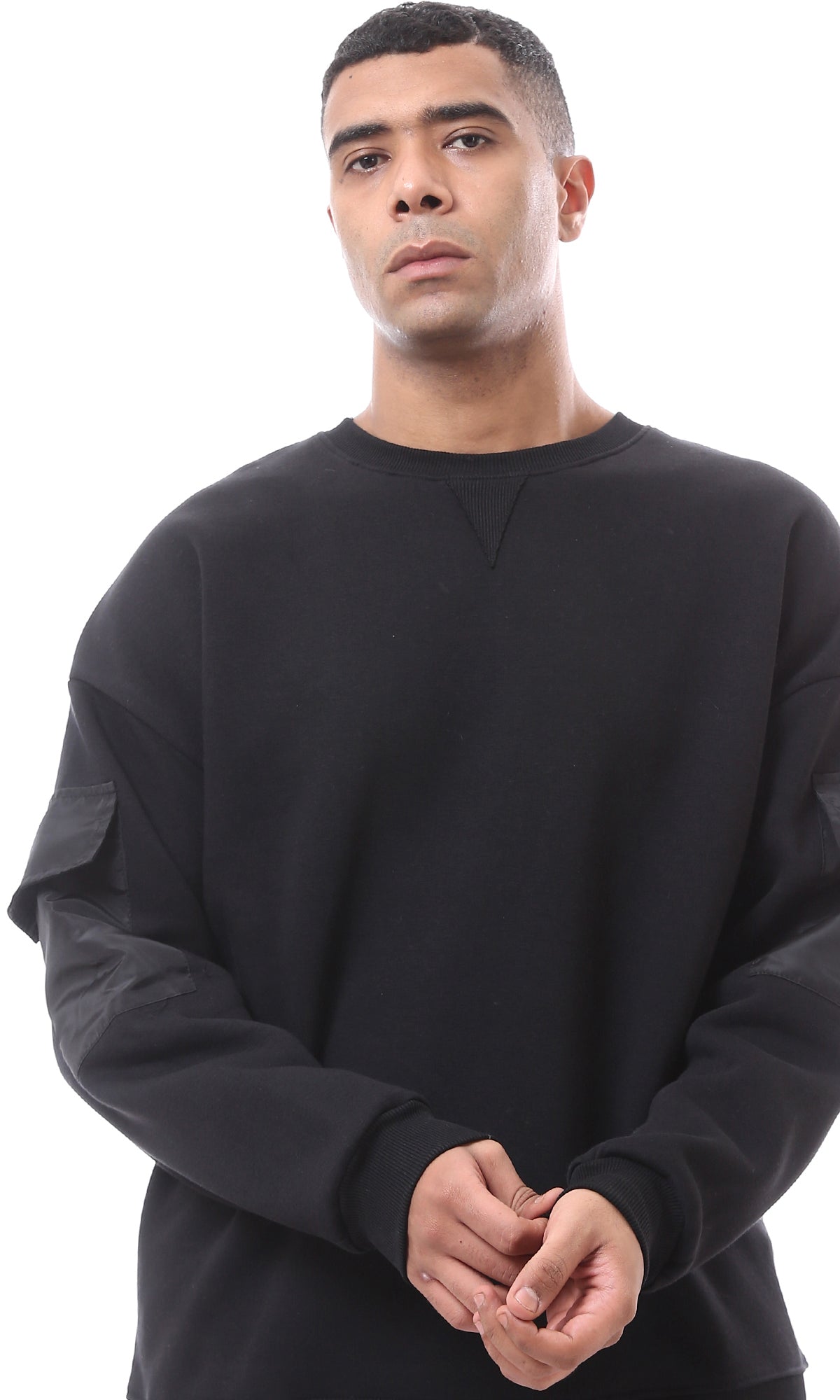 O175782 Black Sweatshirt With Patched Pockets On Sleeves