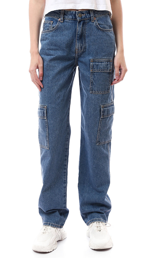 O175796 Solid Standard Blue Wide Leg Cargo Jeans