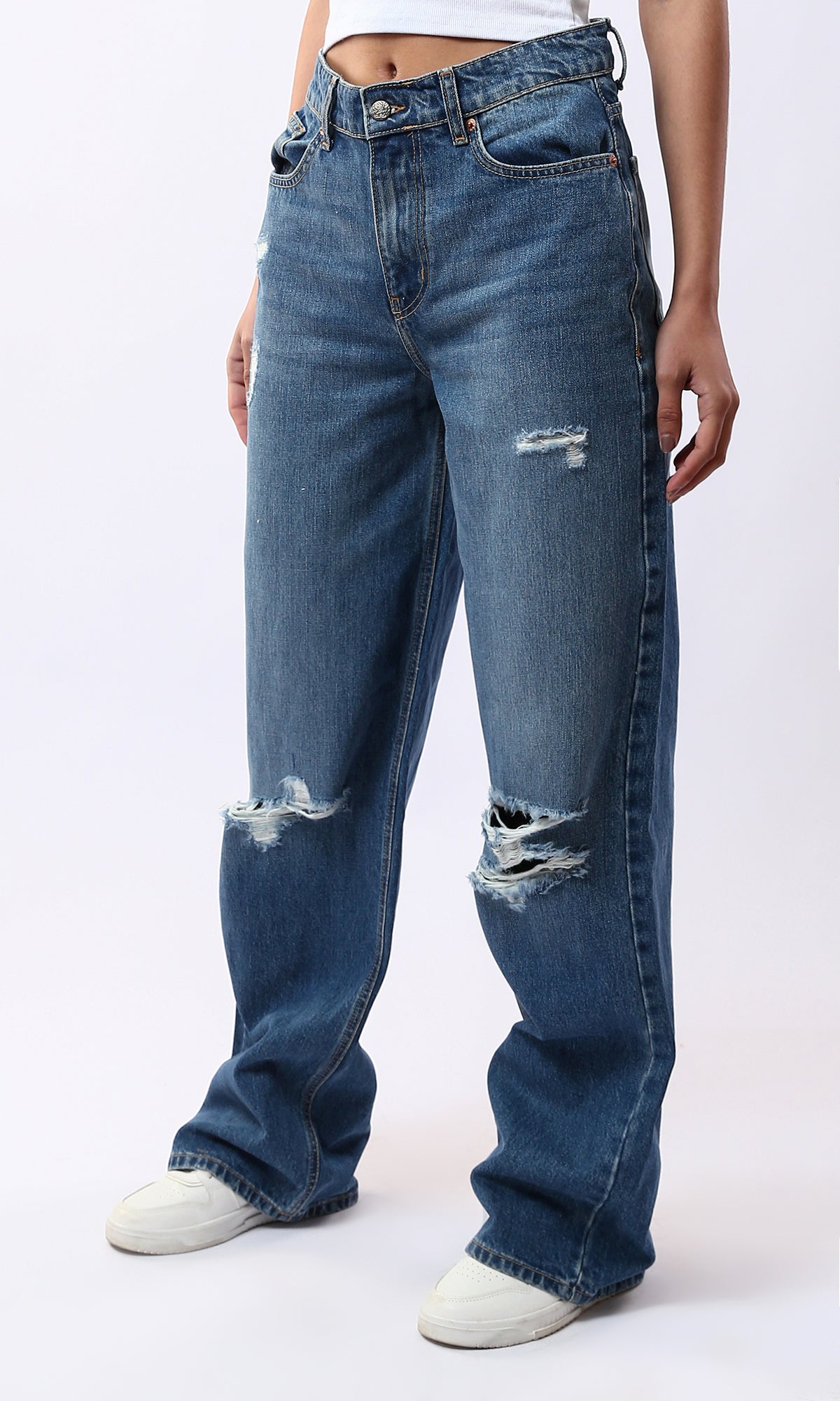 O175798 Standard Blue Casual Wide Leg Ripped Jeans