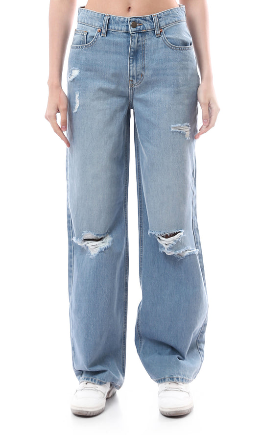 O175799 Wide Leg Solid Light Blue Jeans With Front Rips