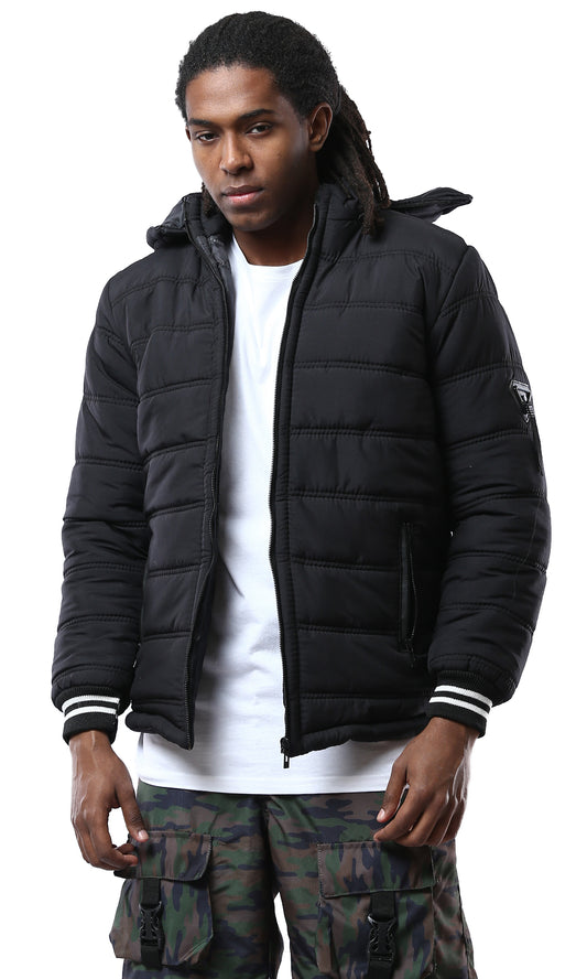 O175803 Black Puffer Jacket With Detachable Hooded Neck