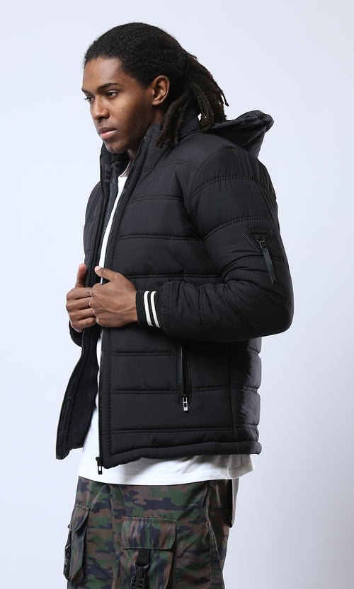 O175803 Black Puffer Jacket With Detachable Hooded Neck