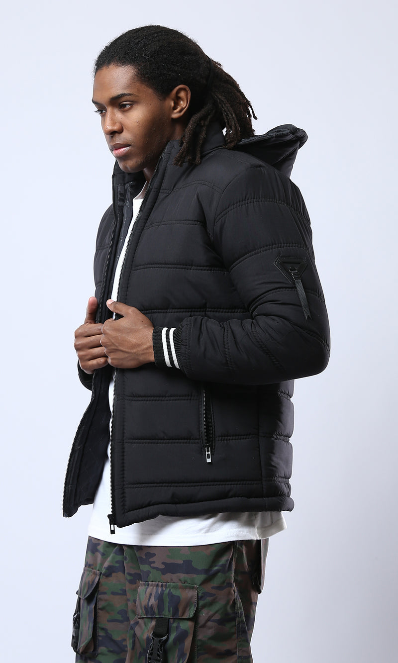 O175803 Black Puffer Jacket With Detachable Hooded Neck
