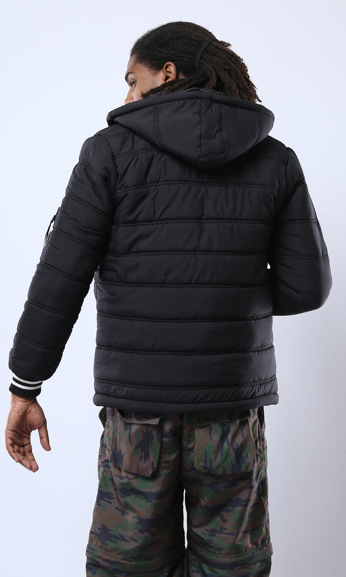 O175803 Black Puffer Jacket With Detachable Hooded Neck