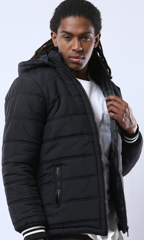 O175803 Black Puffer Jacket With Detachable Hooded Neck