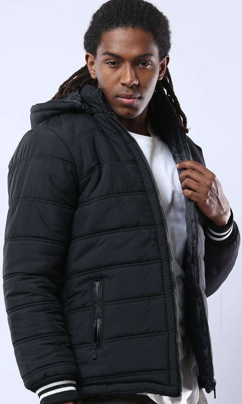 O175803 Black Puffer Jacket With Detachable Hooded Neck