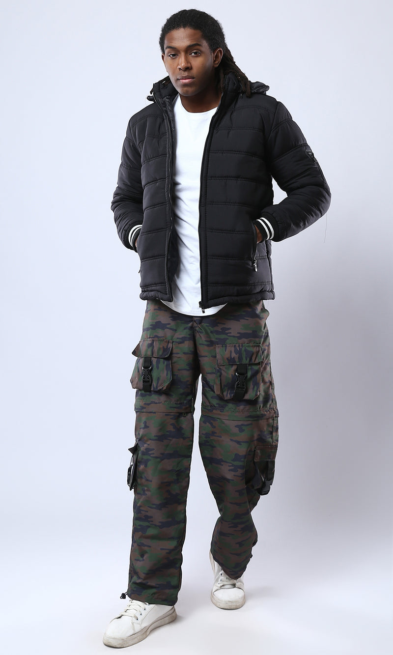 O175803 Black Puffer Jacket With Detachable Hooded Neck