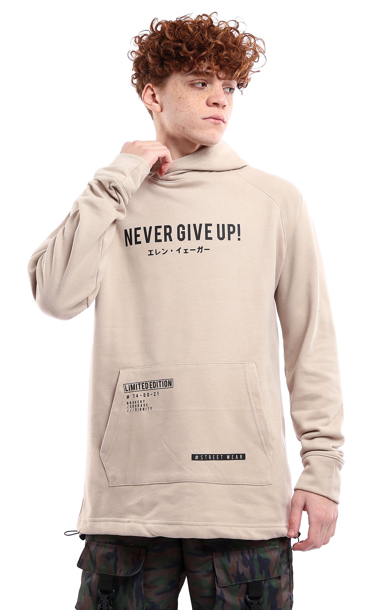 O175806 "Never Give Up" Beige Printed Slip On Hoodie