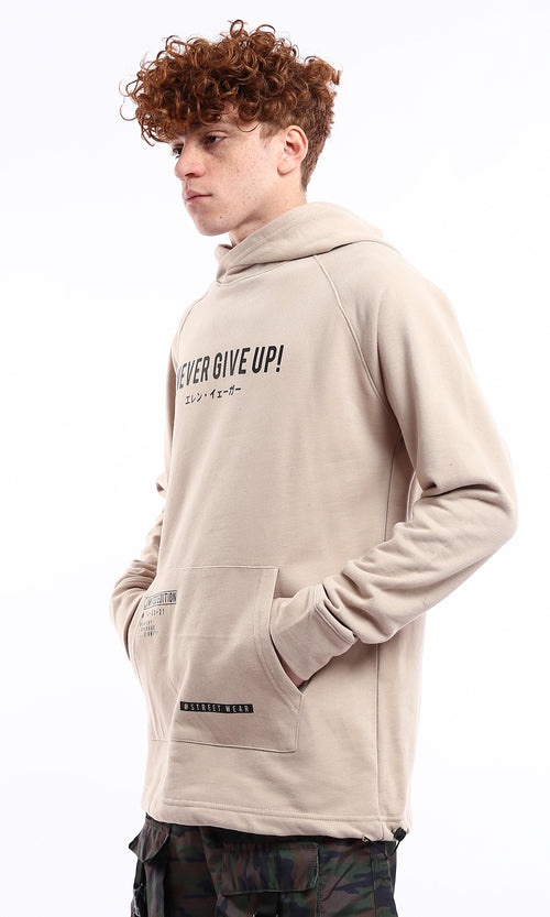 O175806 "Never Give Up" Beige Printed Slip On Hoodie