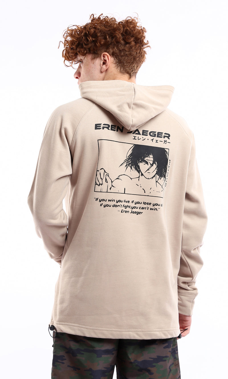 O175806 "Never Give Up" Beige Printed Slip On Hoodie
