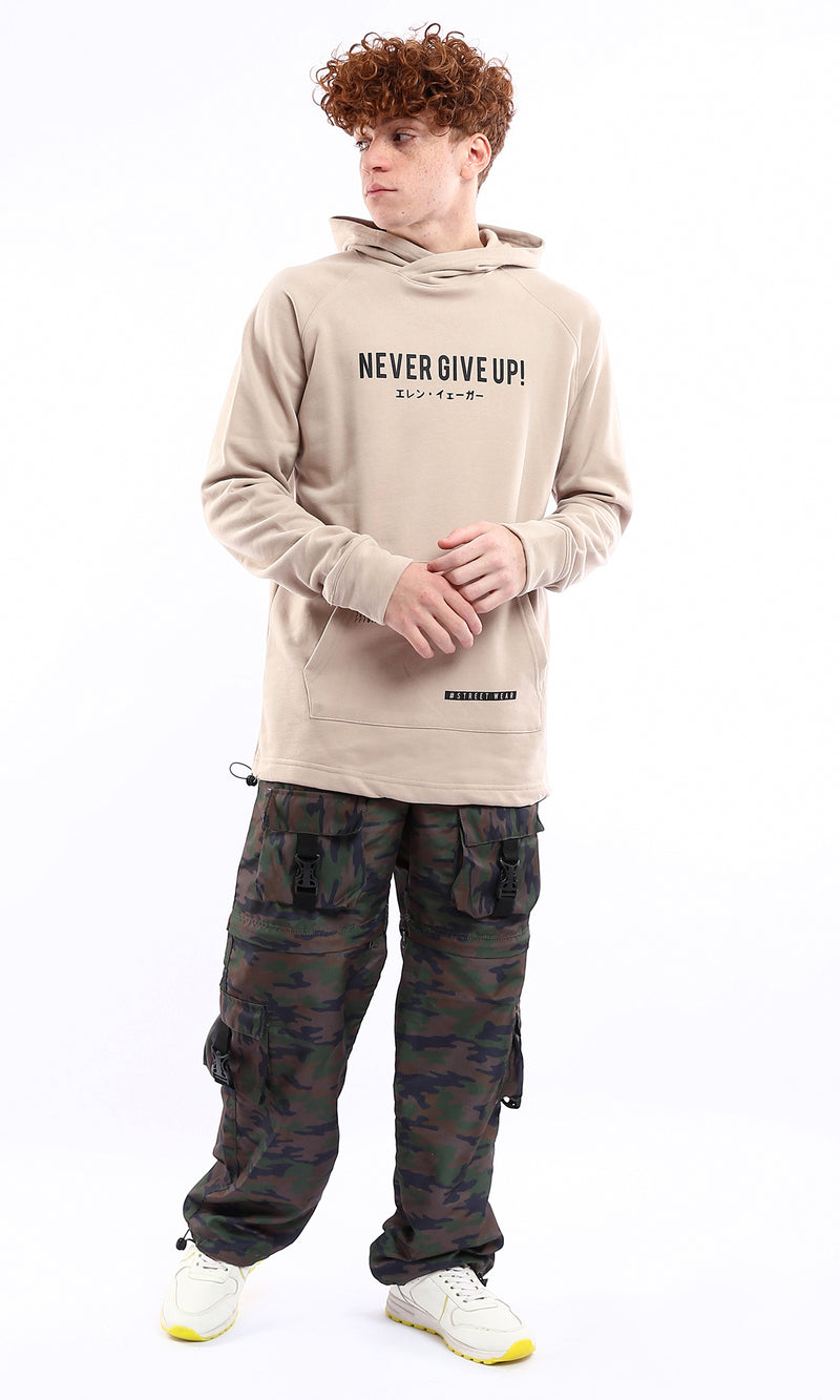O175806 "Never Give Up" Beige Printed Slip On Hoodie