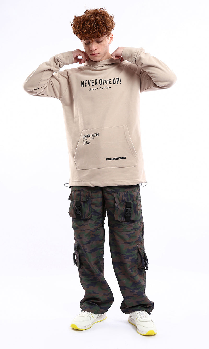 O175806 "Never Give Up" Beige Printed Slip On Hoodie