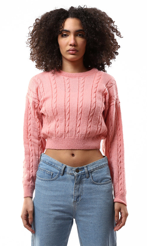 O175824 Coral Pink Braided Knit Cropped Pullover