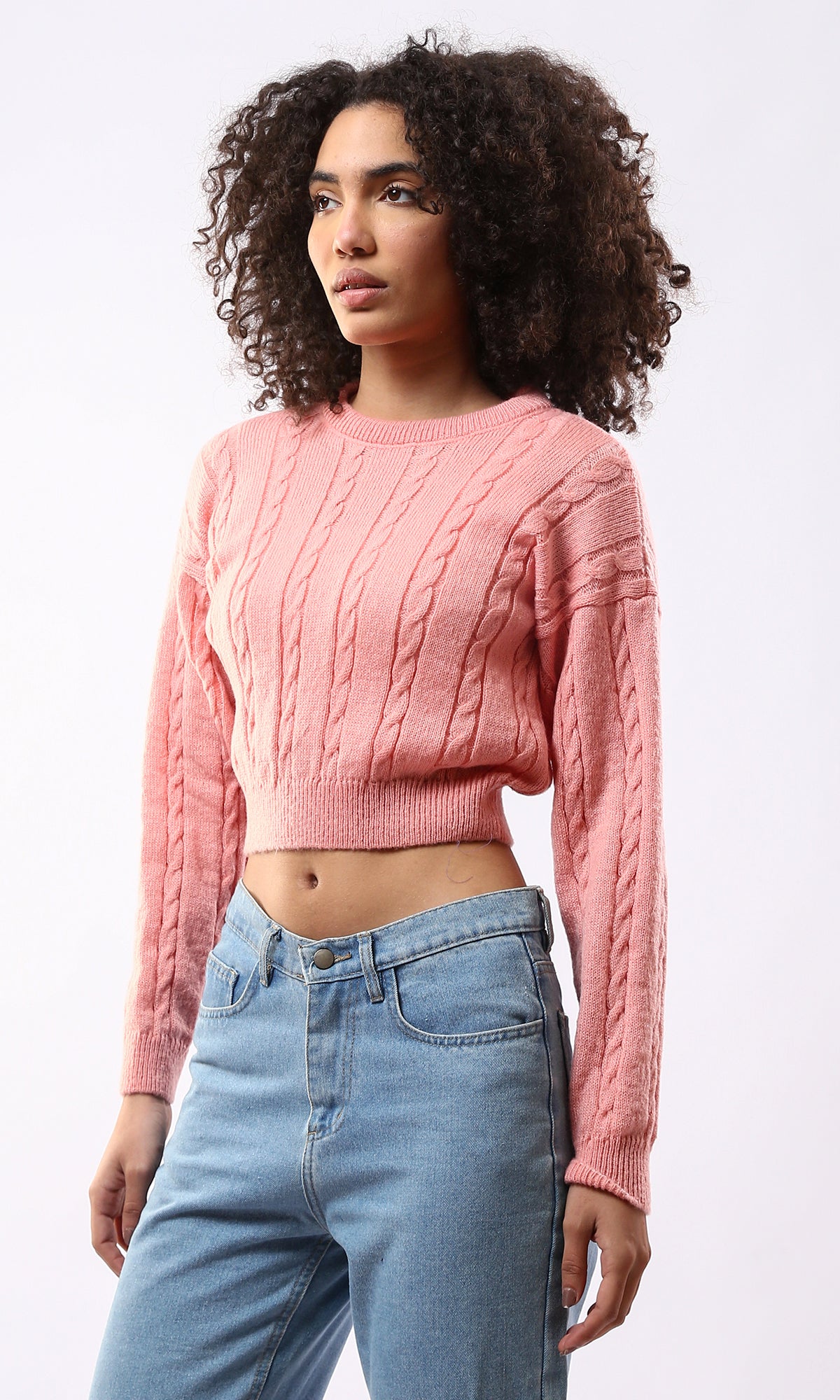 O175824 Coral Pink Braided Knit Cropped Pullover