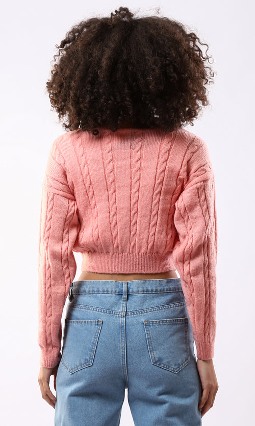 O175824 Coral Pink Braided Knit Cropped Pullover