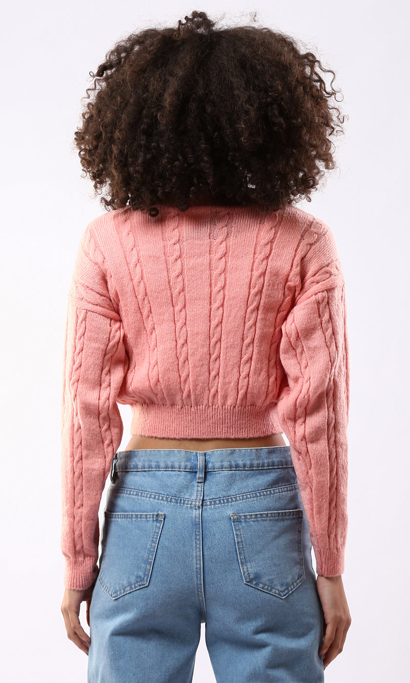 O175824 Coral Pink Braided Knit Cropped Pullover