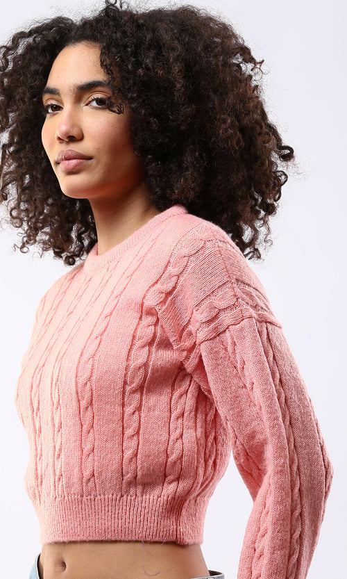 O175824 Coral Pink Braided Knit Cropped Pullover