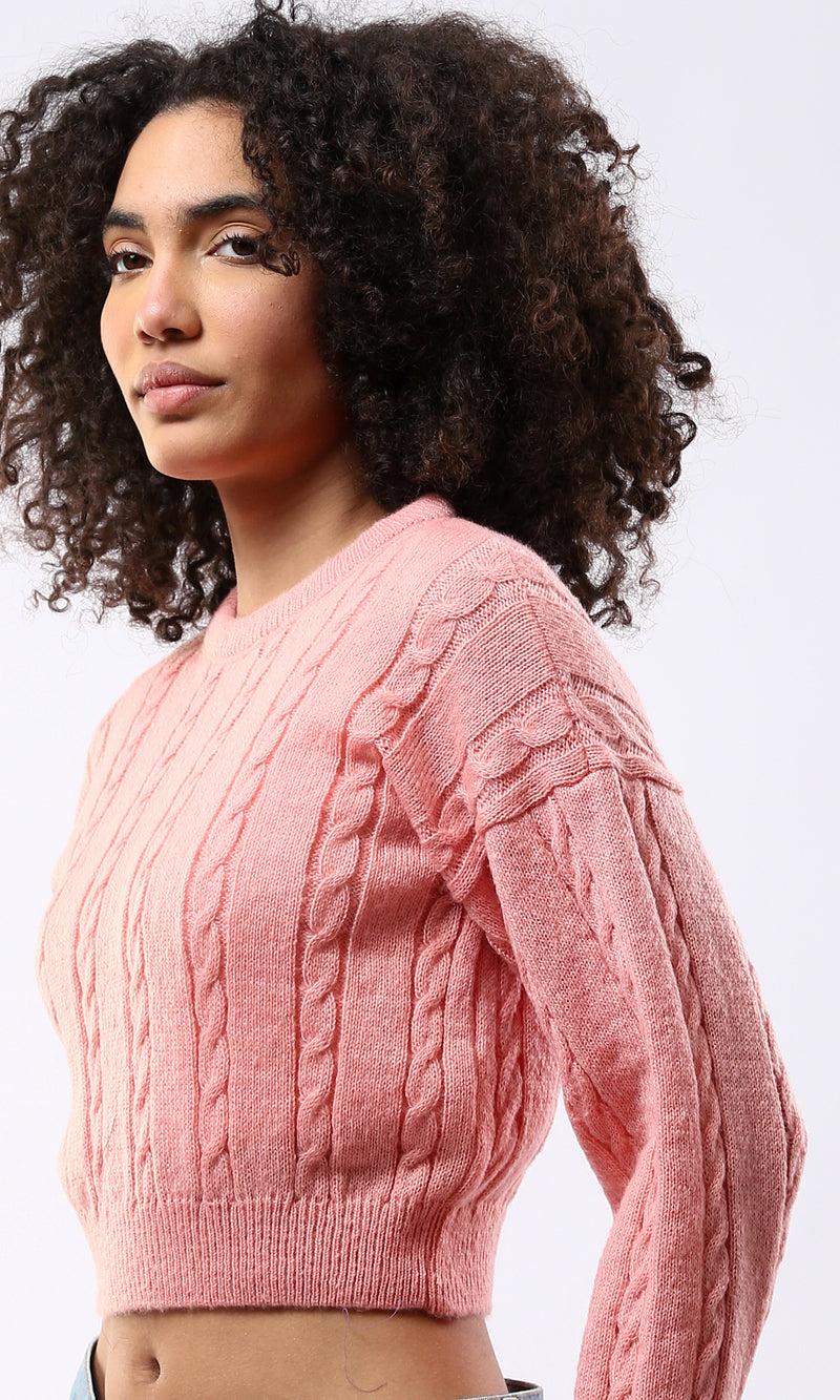 O175824 Coral Pink Braided Knit Cropped Pullover