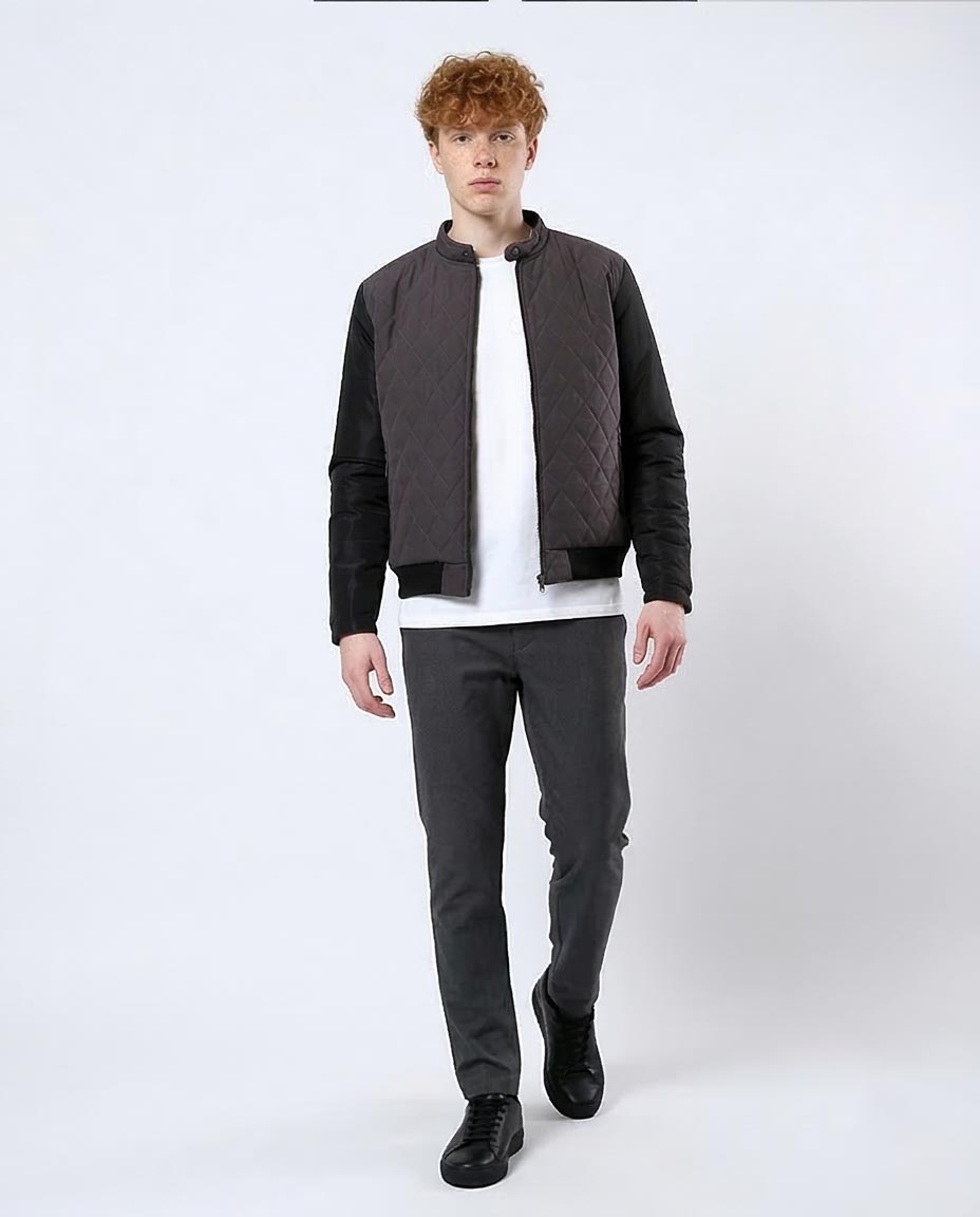 Men's Smoke Grey Quilted Hybrid Bomber Jacket - O175898