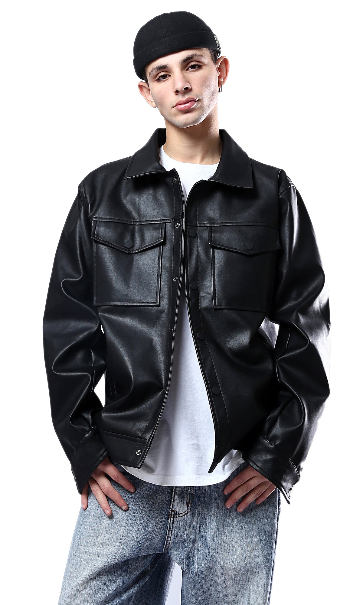Sleek Black Faux Leather Snap-Front Jacket - O176028