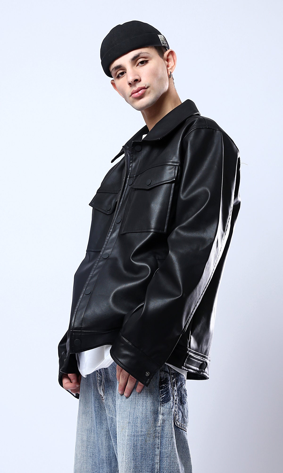 Sleek Black Faux Leather Snap-Front Jacket - O176028