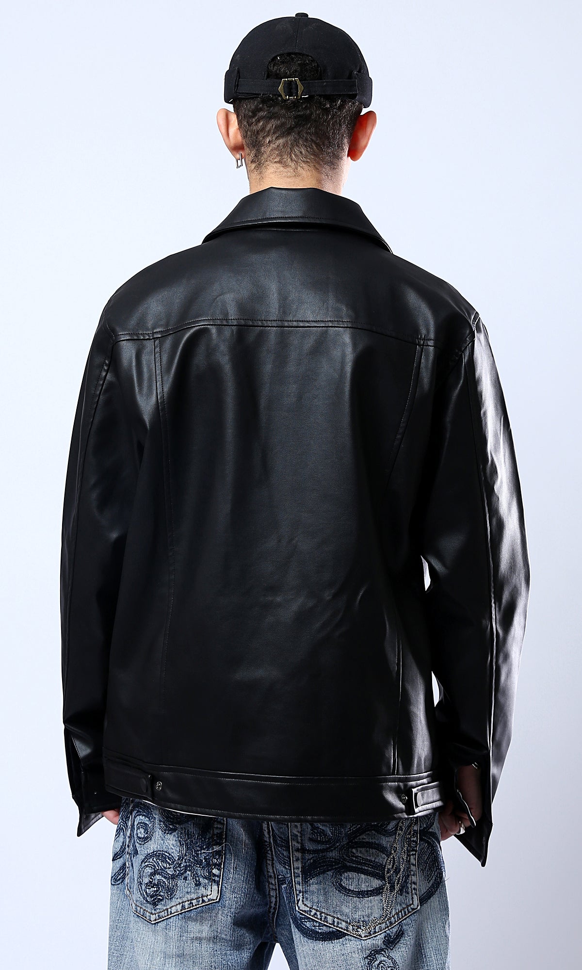 Sleek Black Faux Leather Snap-Front Jacket - O176028