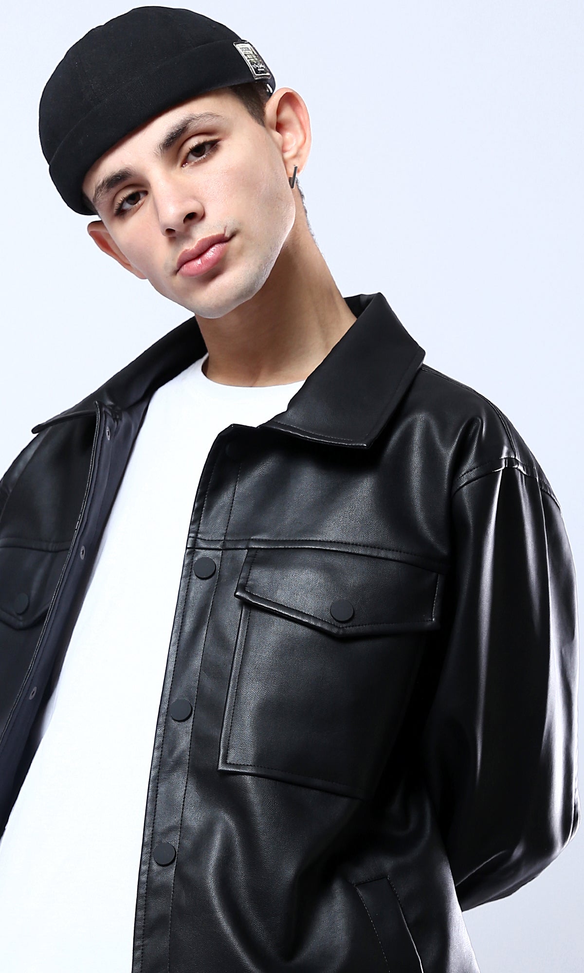Sleek Black Faux Leather Snap-Front Jacket - O176028