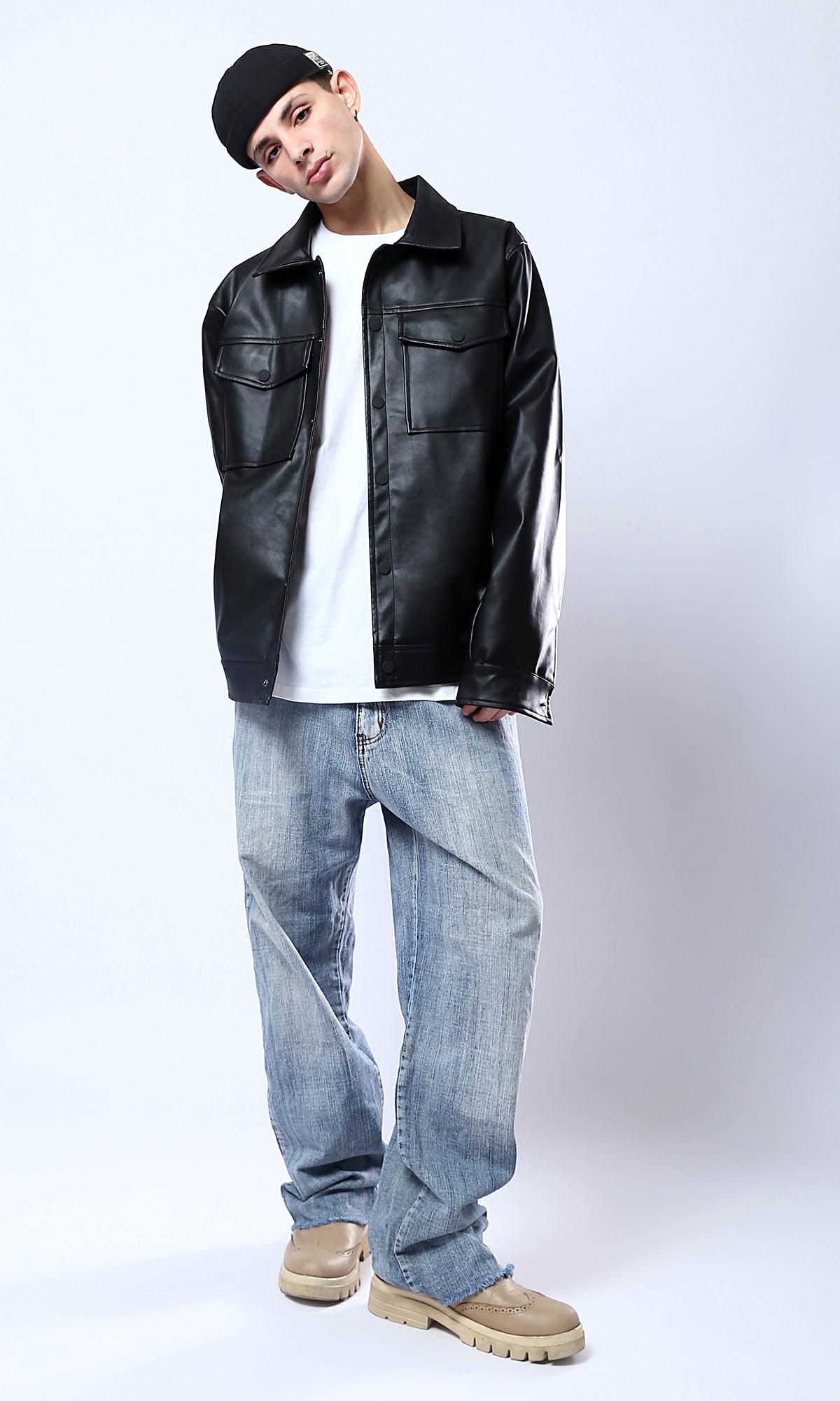 Sleek Black Faux Leather Snap-Front Jacket - O176028