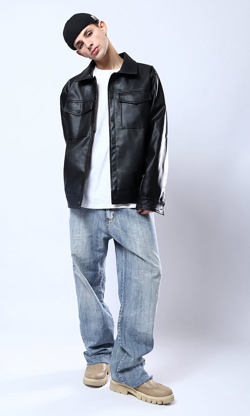 Sleek Black Faux Leather Snap-Front Jacket - O176028