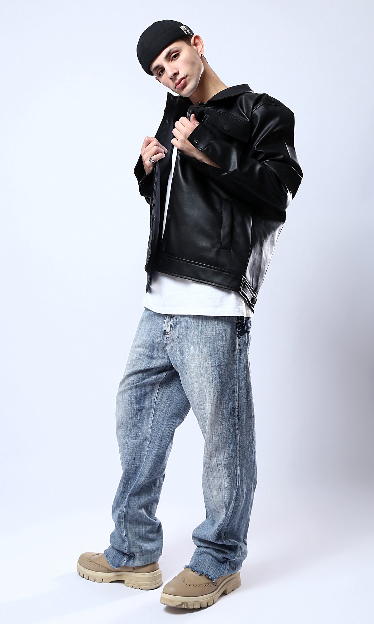 Sleek Black Faux Leather Snap-Front Jacket - O176028