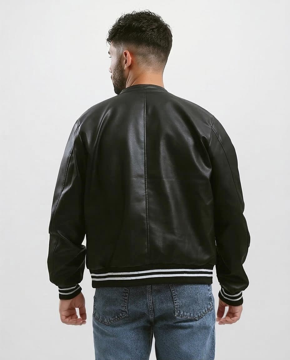 Sleek Black Faux Leather Bomber Jacket with Striped Trim - O176030