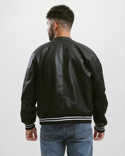 Ravin Men's Faux-Leather Varsity Bomber Jacket with Striped Ribbing - Black - O176030