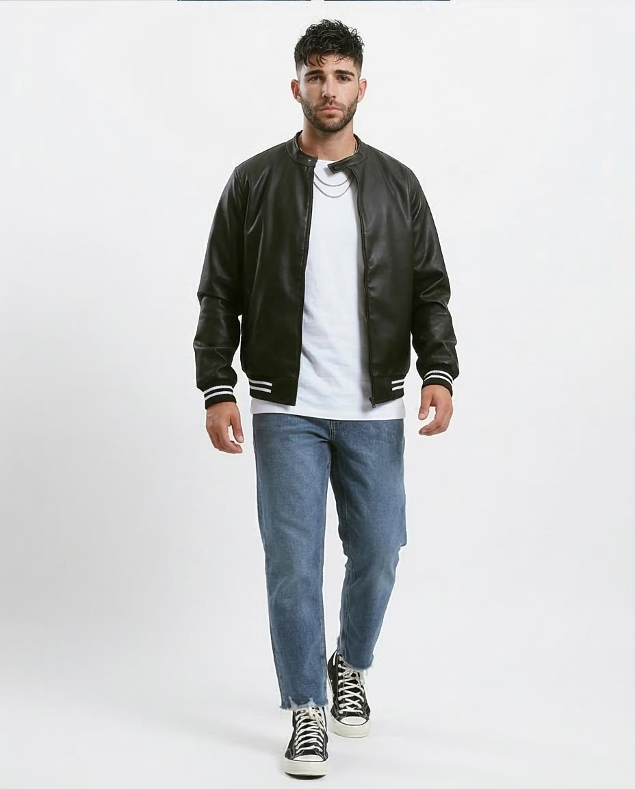 Sleek Black Faux Leather Bomber Jacket with Striped Trim - O176030