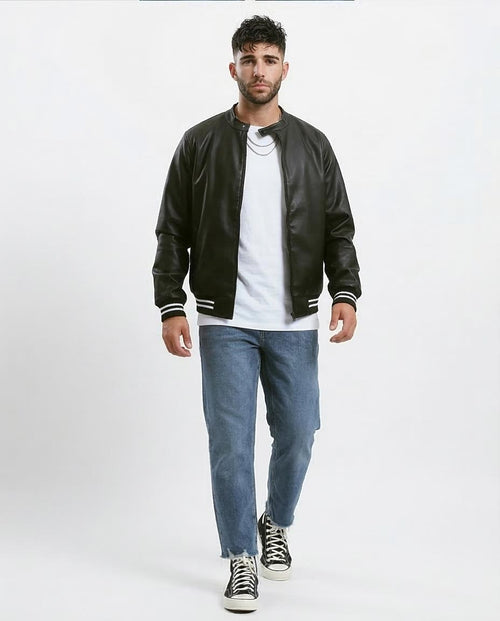 Ravin Men's Faux-Leather Varsity Bomber Jacket with Striped Ribbing - Black - O176030
