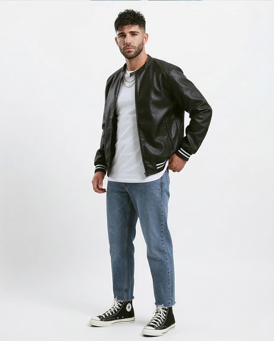 Sleek Black Faux Leather Bomber Jacket with Striped Trim - O176030
