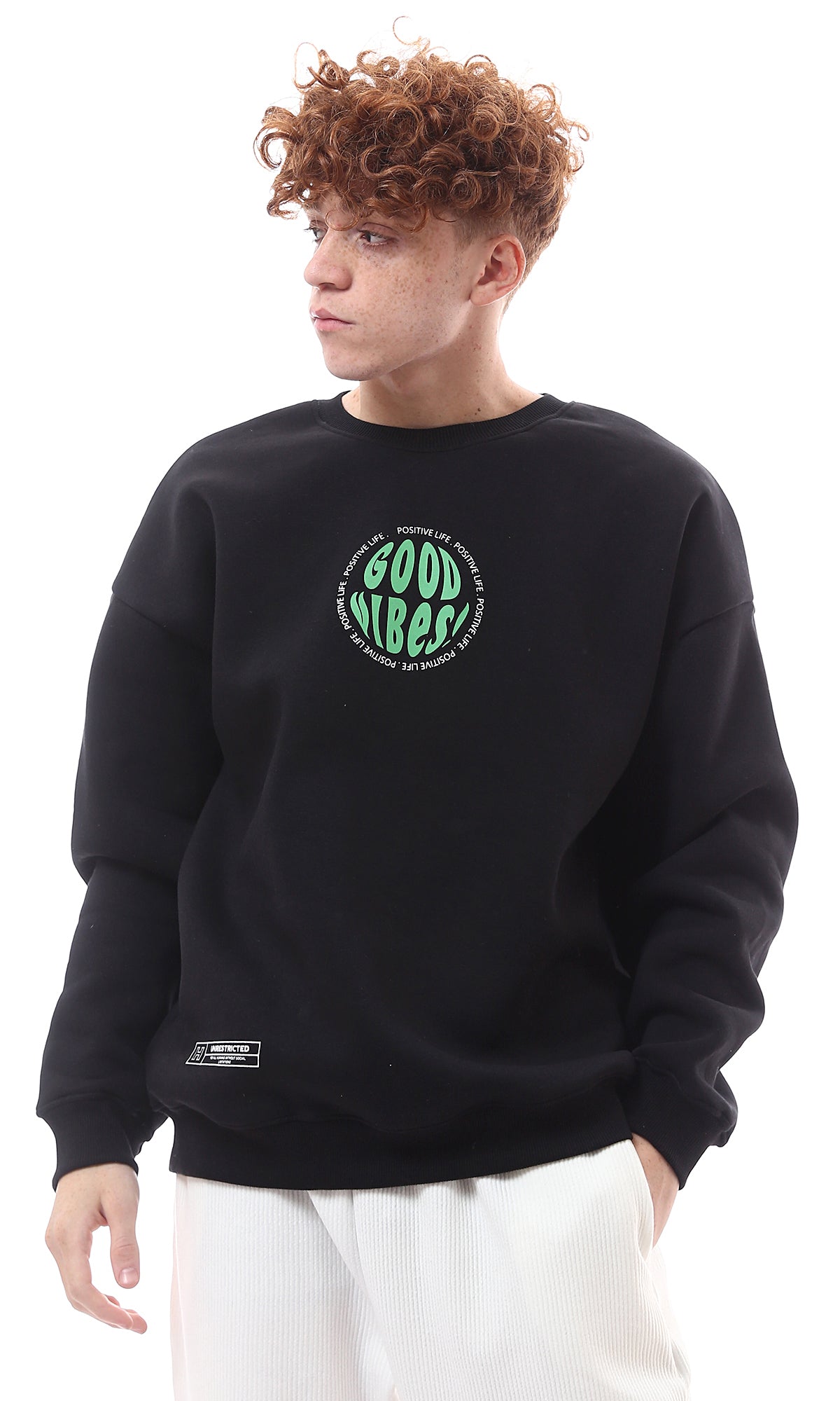 O176050 Front & Back Print "Good Vibes" Black Winter Sweatshirt