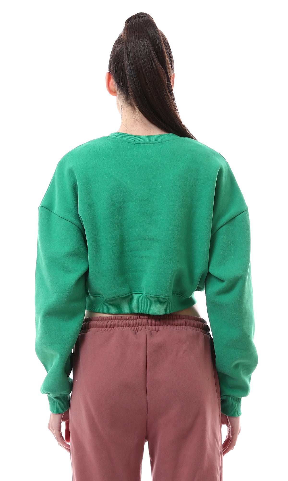 O176245 Green Coziness Cropped Sweatshirt With Elastic Hem