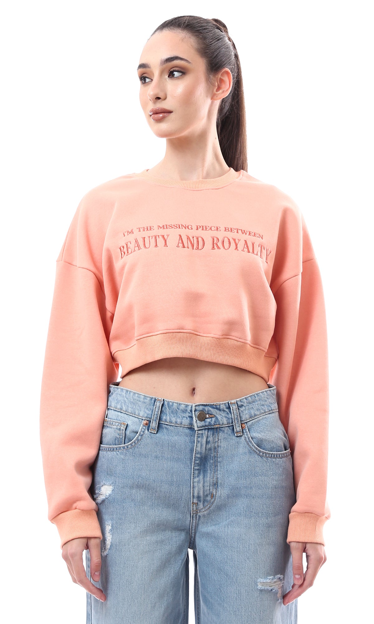 O176246 Crew Neck Stitched Light Salmon Short Sweatshirt