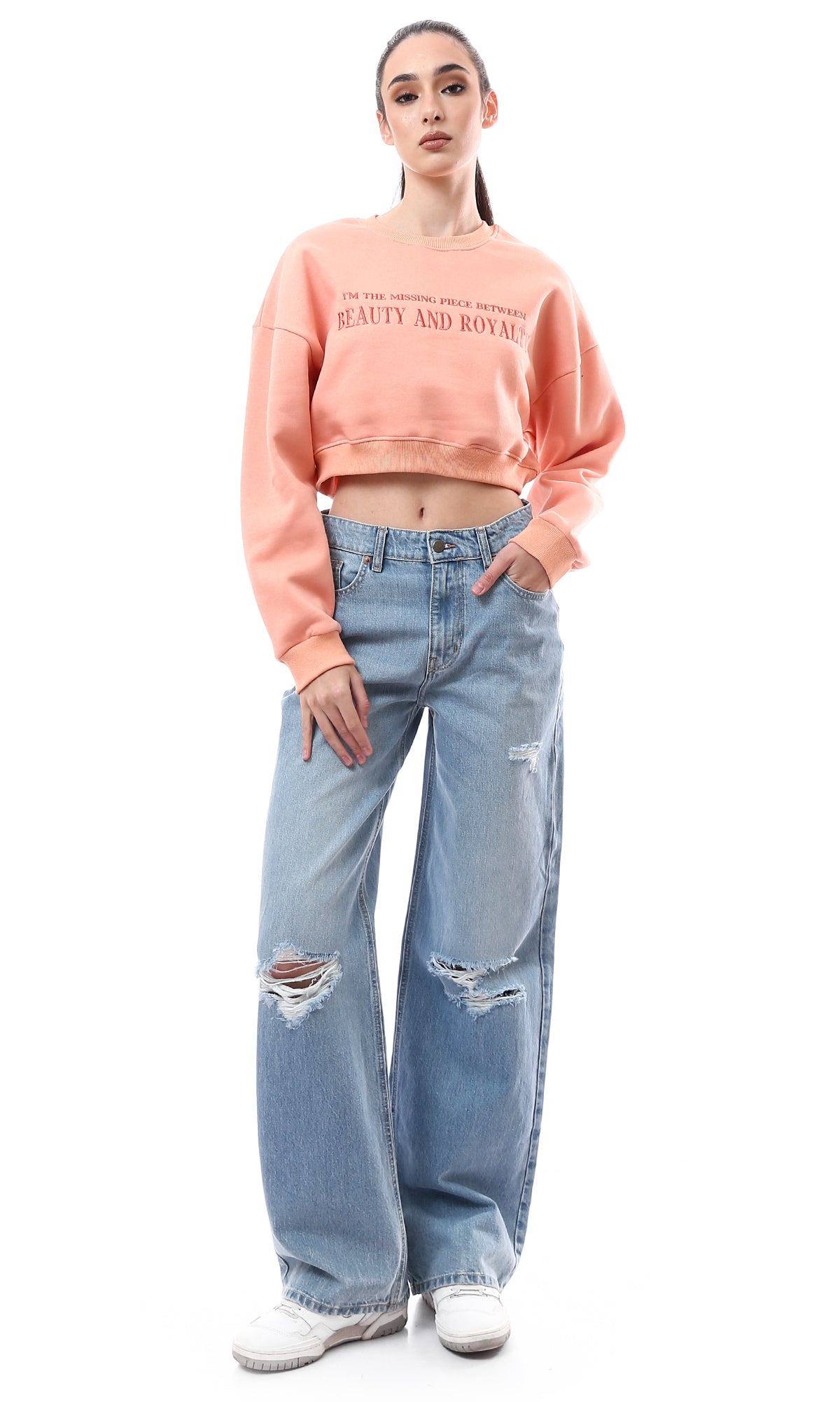 O176246 Crew Neck Stitched Light Salmon Short Sweatshirt