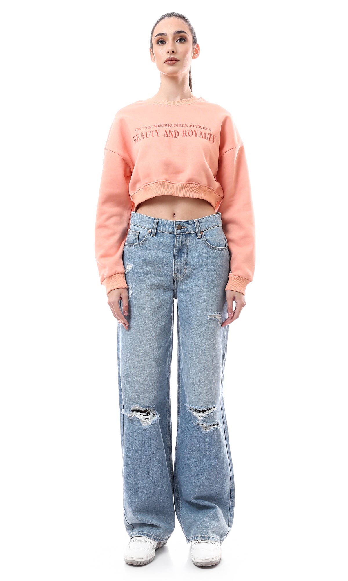 O176246 Crew Neck Stitched Light Salmon Short Sweatshirt