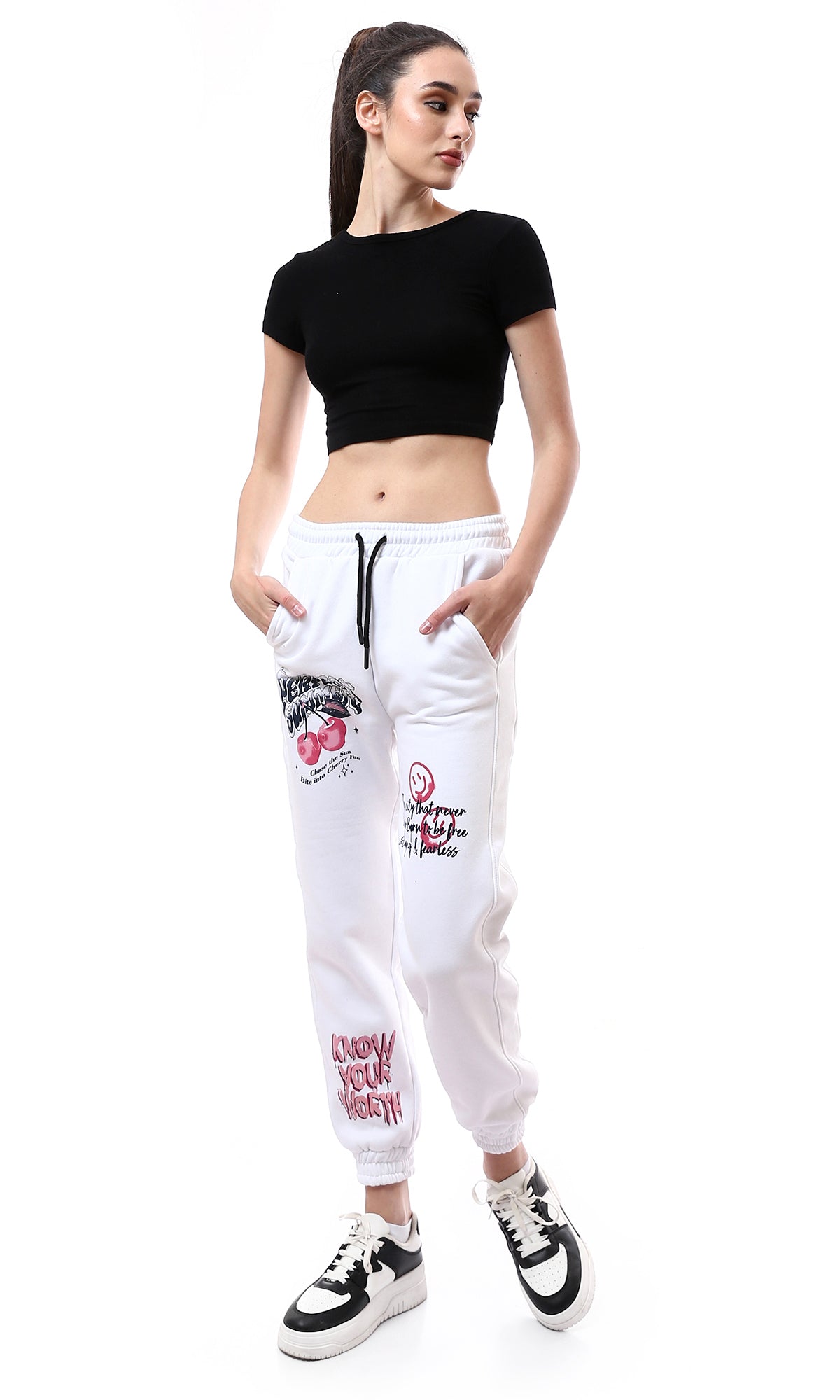 O176247 Off-White Printed Slip On Jogger Pants With Hem