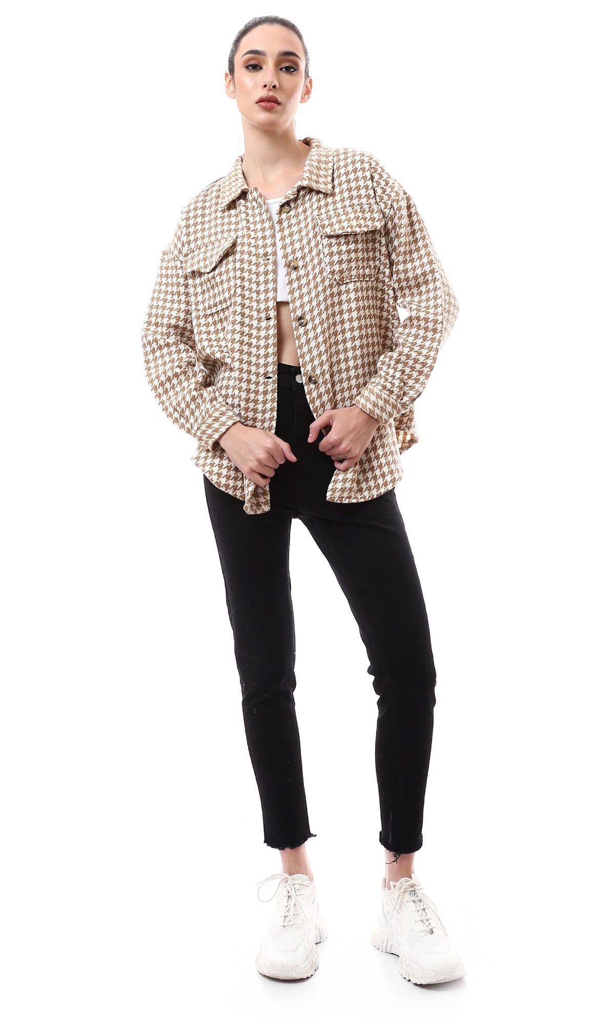 O176250 Beige & Brown Houndstooth Relaxed Fit Shirt
