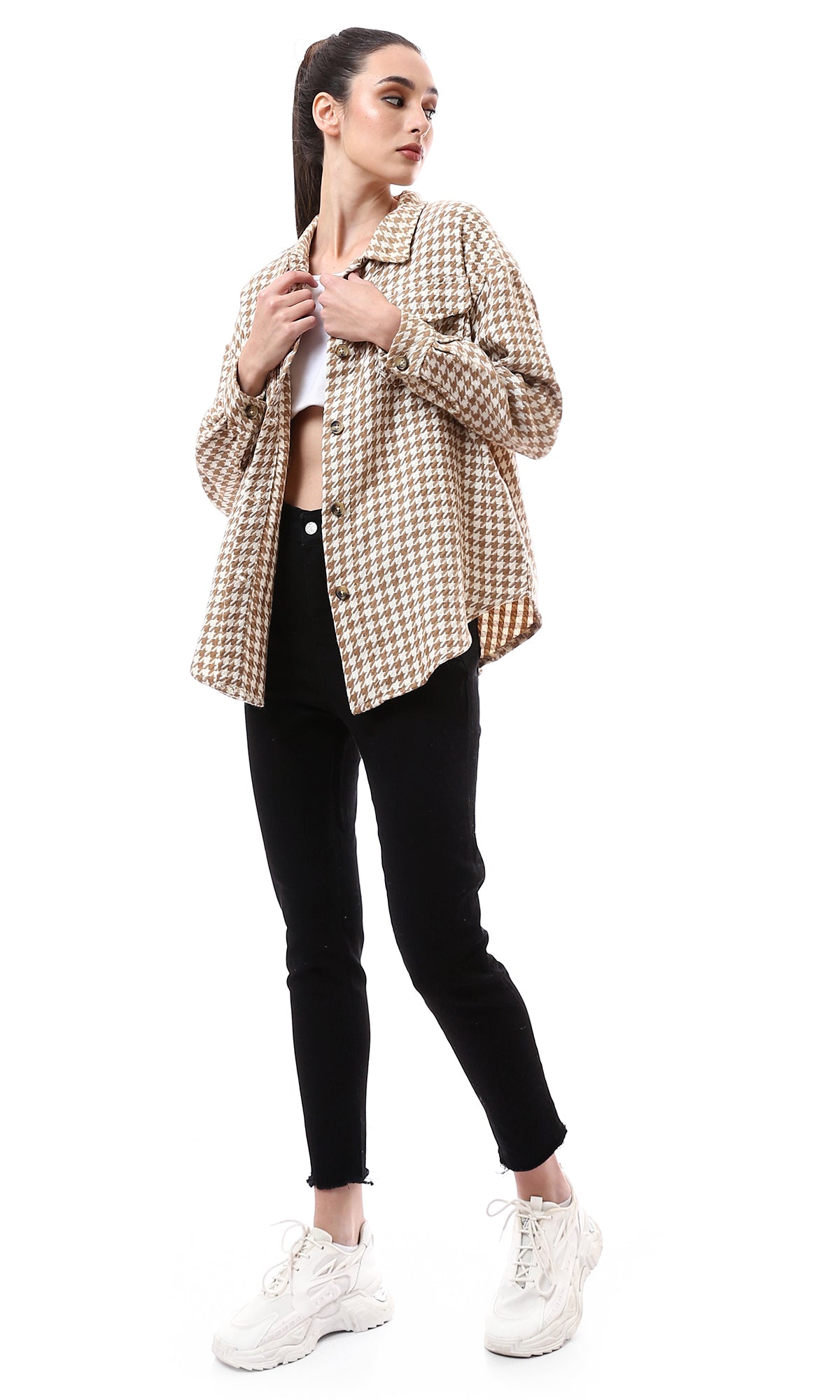 O176250 Beige & Brown Houndstooth Relaxed Fit Shirt